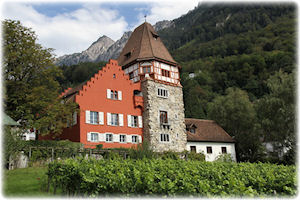 Ein turmartiges, rotes Haus samt Nebengebäuden vor einem Gebirge.