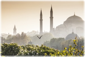 Eine Moschee in leichtem Nebel.